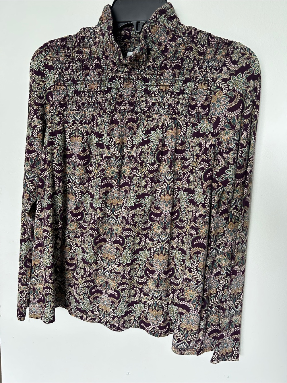 J.Jill Smocked High-Neck Floral Blouse in Deep Plum, small, NWOT